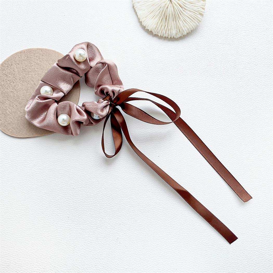 Dusty rose beaded bow scrunchie with trailing ribbons