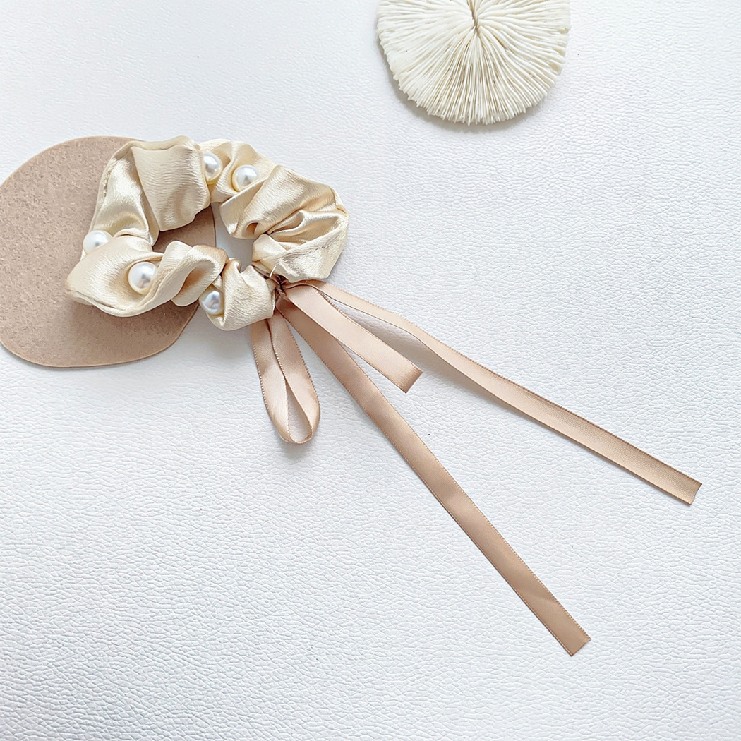 Champagne beaded bow scrunchie with trailing ribbons